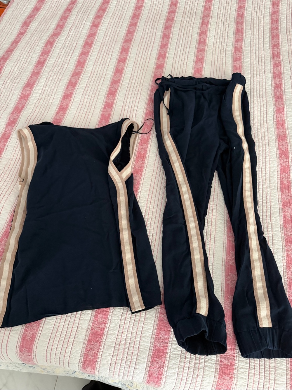 Zara Navy Track Pants & Tank with Beige Side Stripes